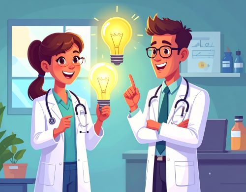 Firefly_a cartoon image showing general medical practices getting ideas (lightbulb moments) f 373123.jpg