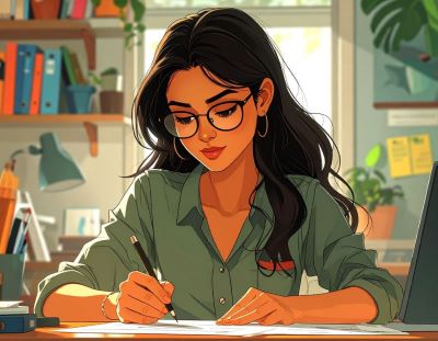 Firefly_a cartoon image showing a South Asian woman in glassess looking down and concentratin 26610.jpg